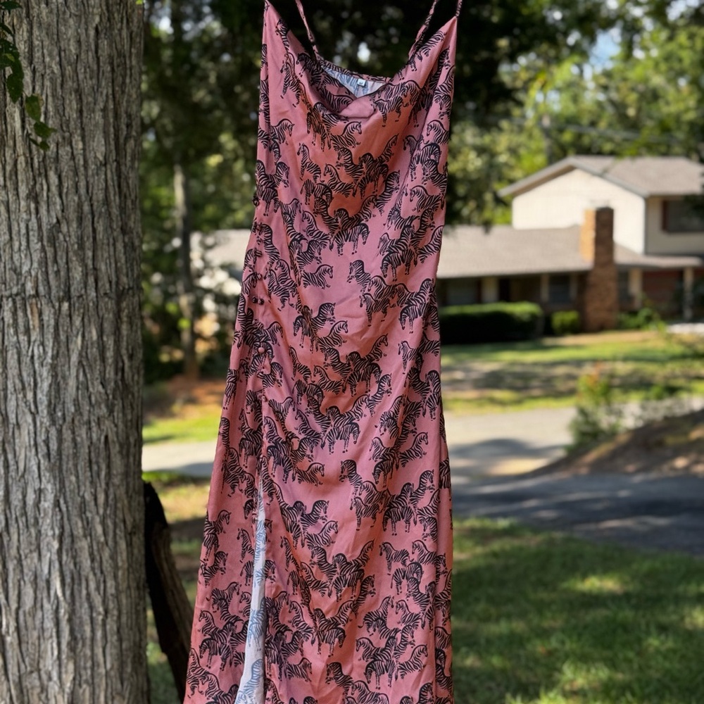 Pink and black Slip dress, zebra print dress with a split and a drapey neckline